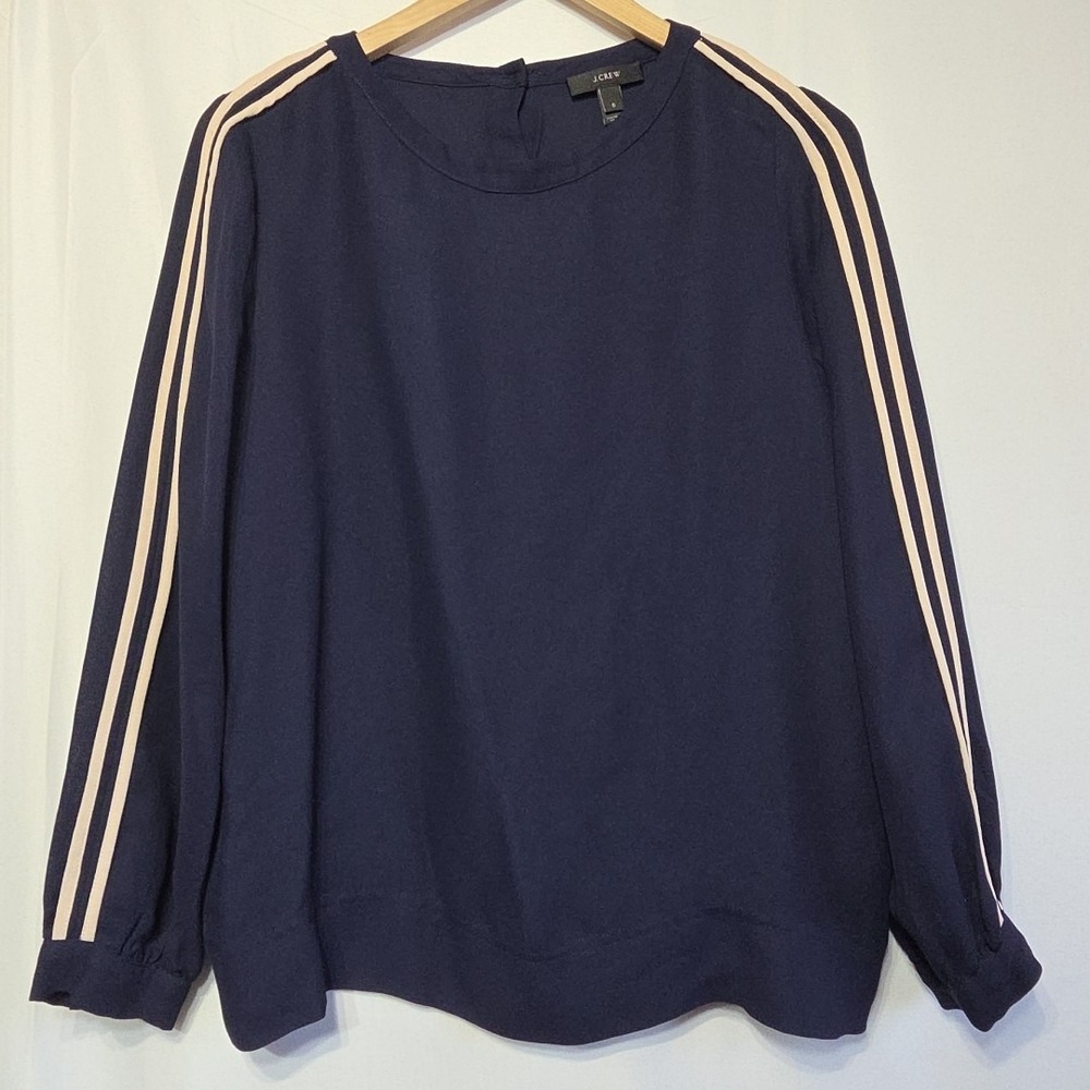 J.Crew Women's Navy Blue‎ Blouse Size 6 Long Sleeve Stripe Detail 100% Viscose